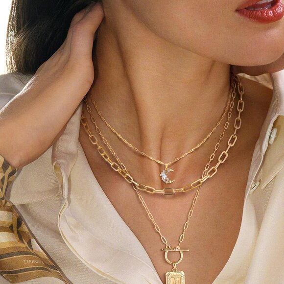 Layered Initial Necklaces Women 14K Gold Plated Brass Moon Square Pendants - Picture 9 of 9